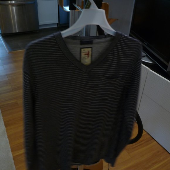 RELWEN MEN BLUE WHITE STRIPED COTTON V-NECK SWEATER SMALL FRONT POCKET MEDIUM - Picture 5 of 10